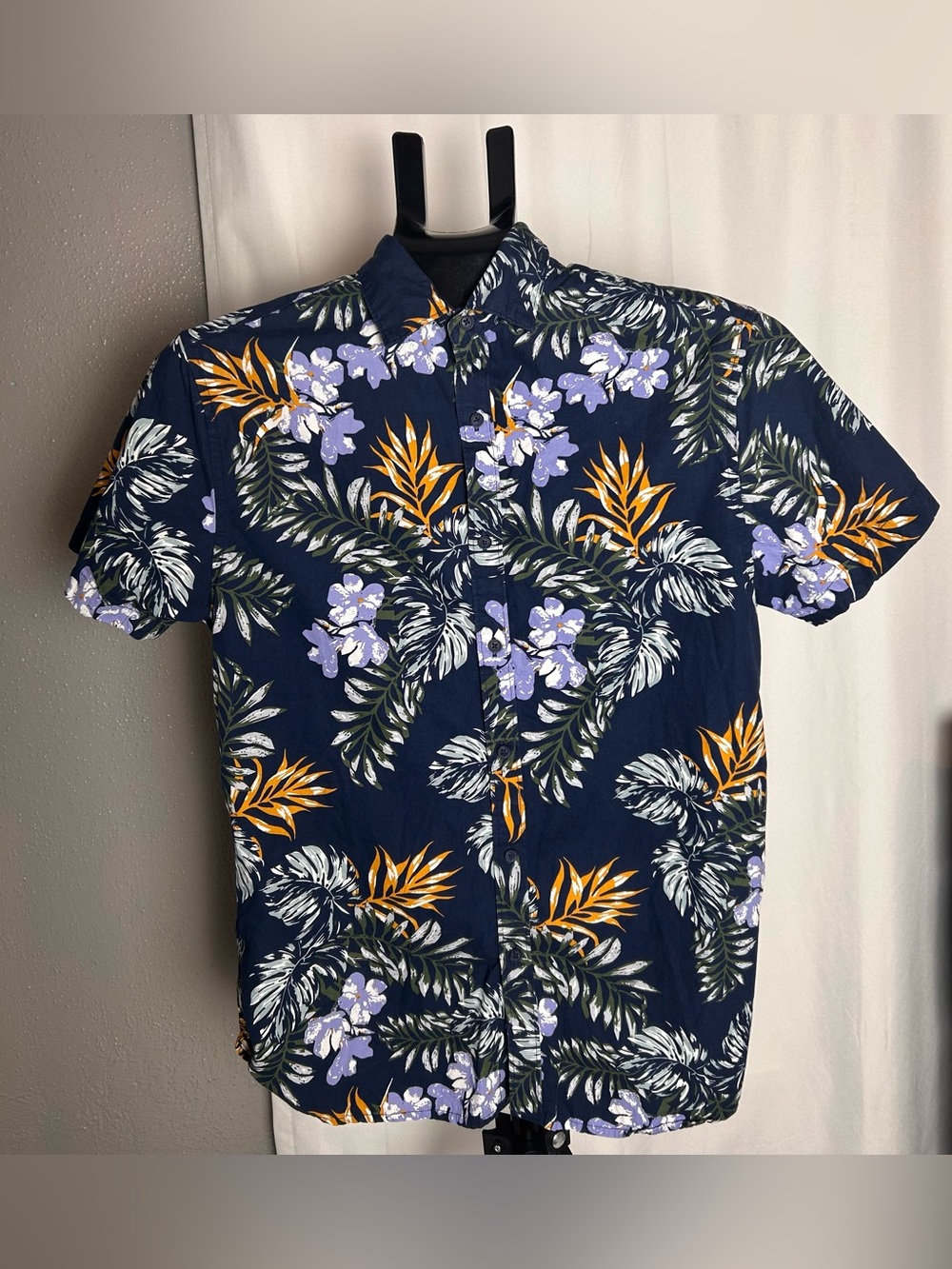 Denim & Flower Navy Floral Button-Down Shirt with Purple & Gold Accents